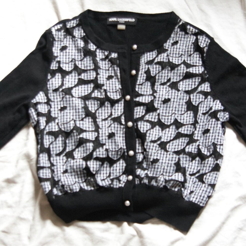 Karl Lagerfeld Black Lace Floral Plaid Cardigan
